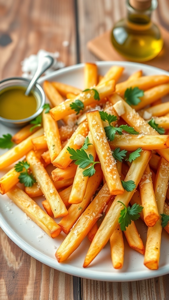 Crispy truffle French fries topped with Parmesan cheese and parsley on a rustic table.